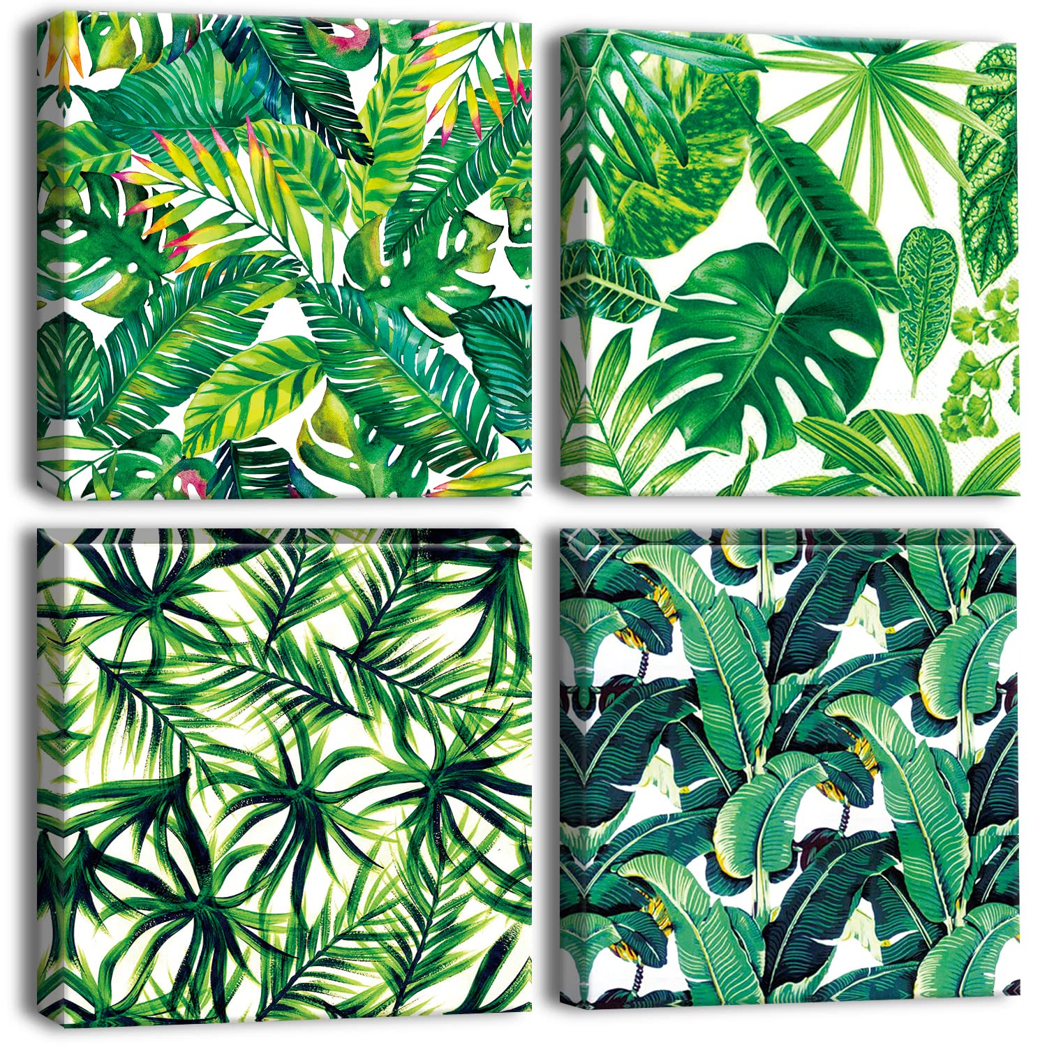 Artscope 4 Pieces Wall Art Canvas Prints - Green Leaves Picture Painting - Modern Wall Artwork Framed for Gifts Bathroom Home Kitchen Office Decor - 30 x 30 CM