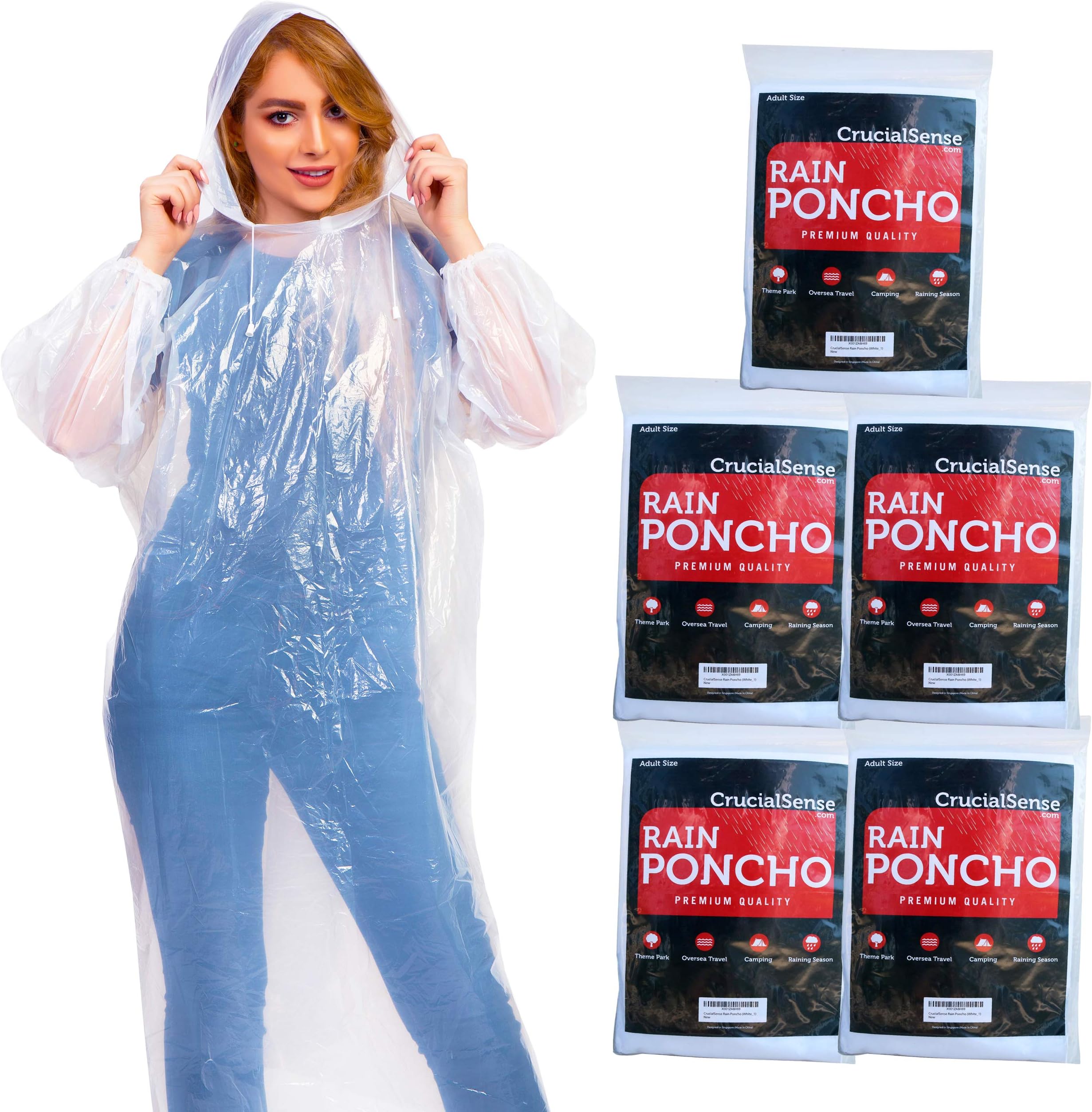 CrucialSense Rain Poncho for Adults - Disposable Family Pack of 5, Waterproof Rain Ponchos/Translucent White Raincoat with Hood for Men and Women. Ideal for Disney, Hiking, Emergency & Travel
