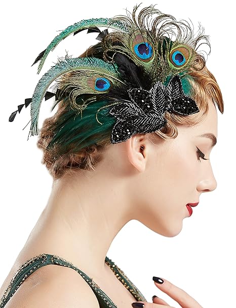 Babeyond 1920s Flapper Hair Clip 20s Great Gatsby Headpiece Peacock Feather Clip 1920s Flapper Gatsby Hair Accessories Peacock Style1