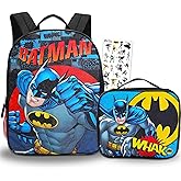 Batman Backpack and Lunch Box Bundle Set ~ Deluxe 16" Batman Backpack for Boys Kids with Insulated Lunch Bag and Stickers (Batman School Supplies)