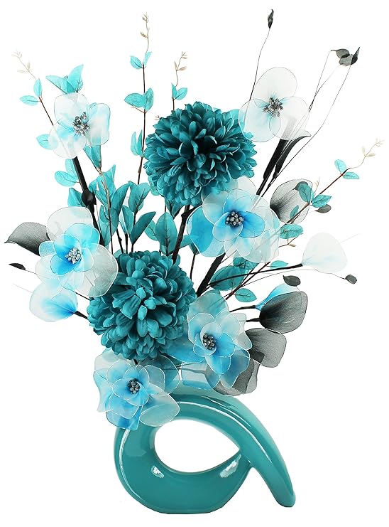 Flourish Turquoise Vase with Teal Blue and White Artificial Flowers