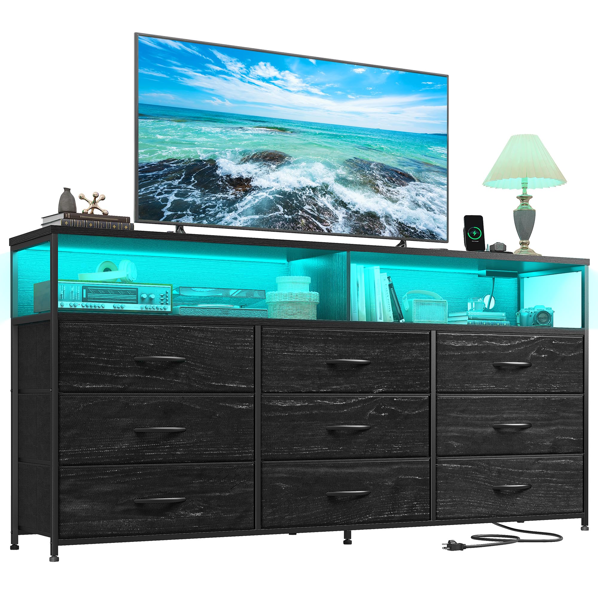 Romorgniz 55" W Dresser for Bedroom with 9 Drawers, LED TV Stand with Power Outlets for 45, 55, 65 Inch TV, Sturdy Long Chest of Drawers with Extra 2 Wooden Shelves, Grain Black