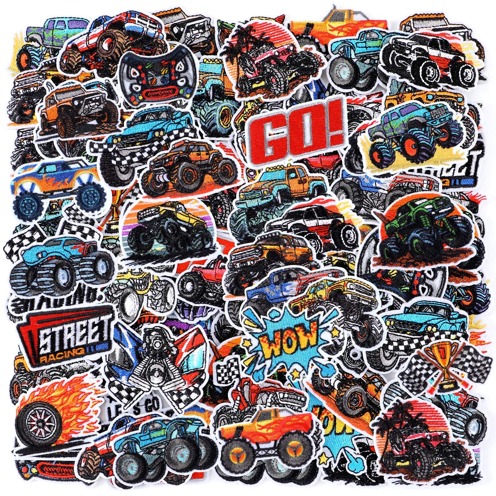 Photo 1 of HunnmingRe 72 Pcs Monster Truck Iron on Patches Embroidered Racing Iron on Truck Hat Patch 36 Style Race Car Party Favors for Hat Cap Backpack Clothes Pants Jeans DIY Crafts