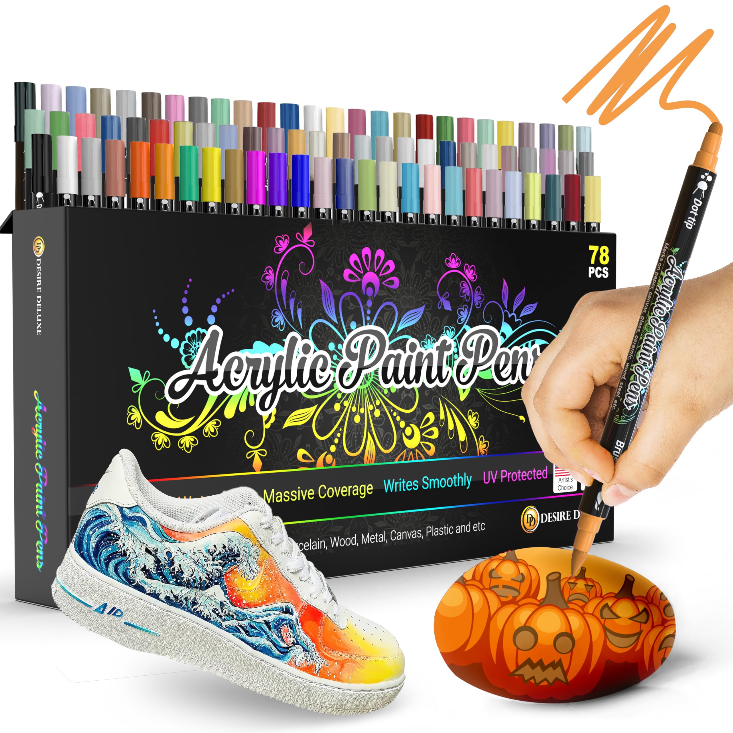 Desire Deluxe Acrylic Paint Pens for Rock Painting, Stone, Ceramic, Glass, Wood, Canvas – Set of 78 Non Toxic Water Based Markers - Great Artists Painting Supplies (Dual Tip Multicolor, 78) Image