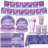 FoldTier 122 Pcs Ghost Spider Birthday Supplies and Decorations Spiderweb Party Plates and Napkins Spider Tablecloth Happy Birthday Banner for Halloween Christmas Party Favor