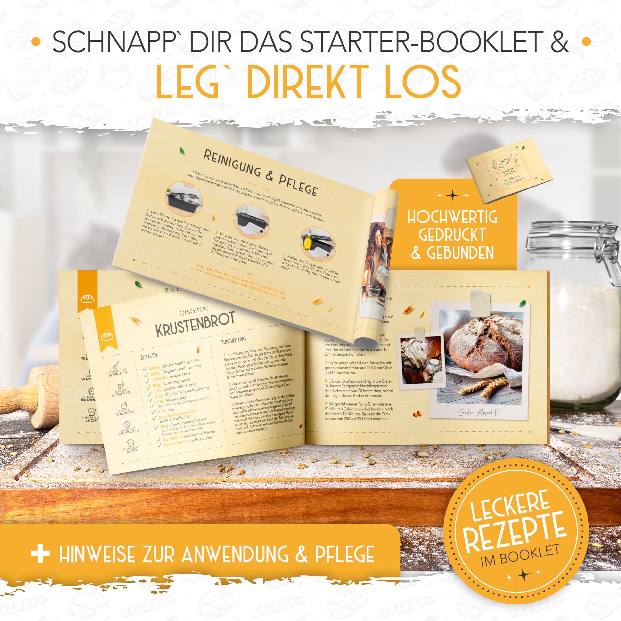 KRUSTENZAUBER Brotbackform mit Deckel inkl. Gärkorb - Robuste 28cm Backform aus Gusseisen - Ideal als Kastenform, Toastbrot Backform, Brotform, Gusseisen Topf Brot backen Zubehör, Brottopf 7