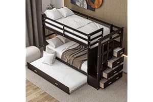 BIADNBZ Twin Over Twin Bunk Bed with Stairs, 4 Storage Drawers and Trundle, Wooden Bunkbeds with Staircase and Full-Length Guardrails, for Kids/Teens/Adults, Espresso