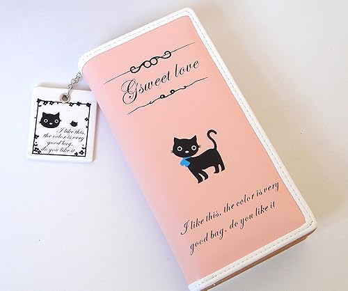 Amazon かわいい黒猫 レディー ロングウォレット 長財布 ファスナー小銭入れ カード 免許証入れ付 さいふ 多収納 ピンク 財布