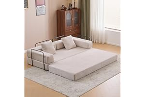 ZEIINPA Convertible Folding Mattress Couch, Floor Sofa Bed with Fixed-Shape Frame, Corduroy Floor Sofa with Armrest, Floor Sofa Lounge Couch for Living Room Bedroom Lounge Studio-Clay Beige