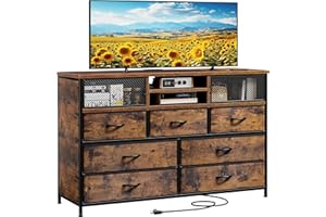 EnHomee Dresser TV Stand with Power Outlet TV Stand for Bedroom TV Stands for Living Room Dresser for Bedroom with 7 Drawers TV Console Table with Storage Entertainment Center,Metal Door,Rustic Brown