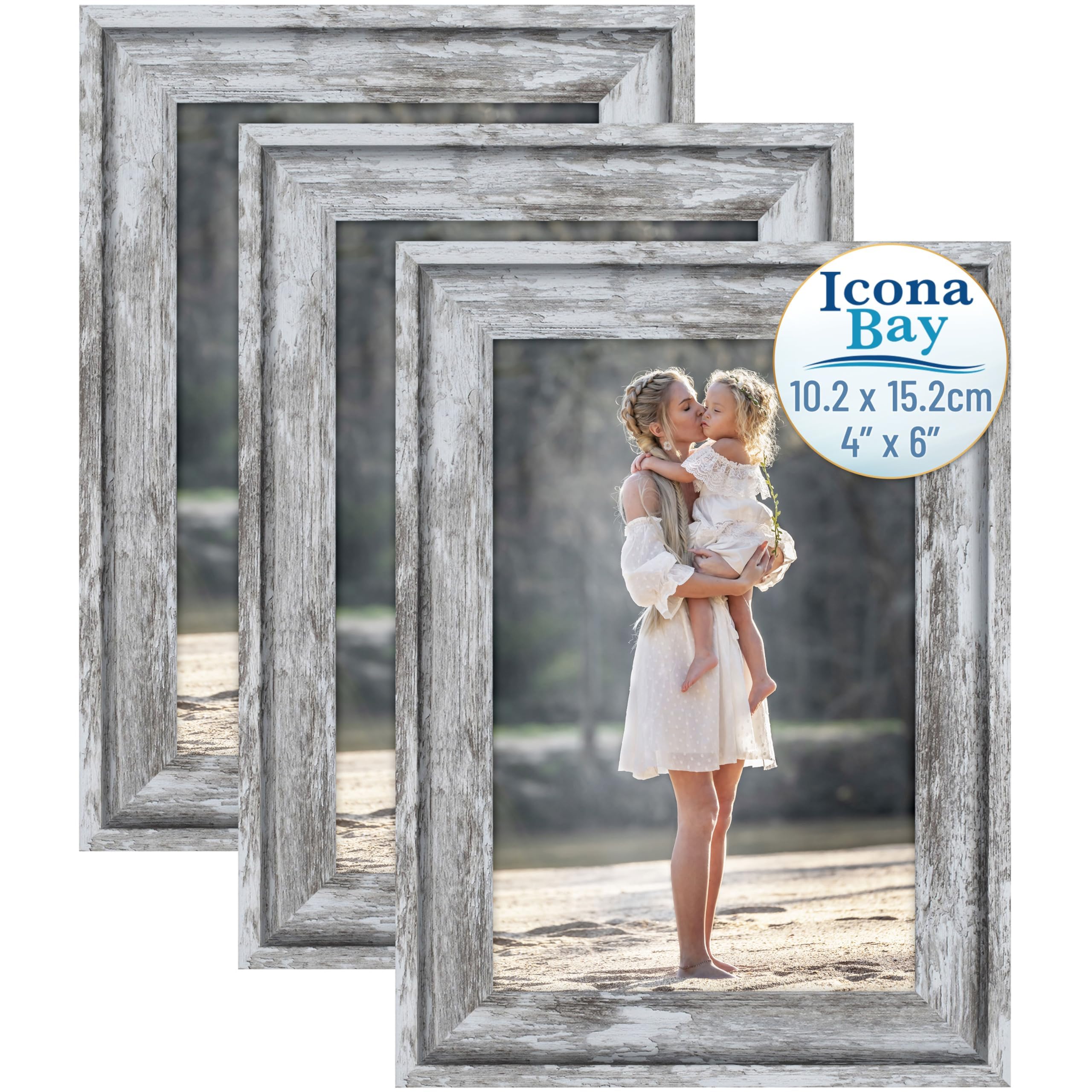 Icona Bay - 6x4 Picture Frames - Azure Grey, 3 Pack - Cape Cod Style 6 x 4 Photo Frames - Table Top or Wall Mount - Bayou Collection