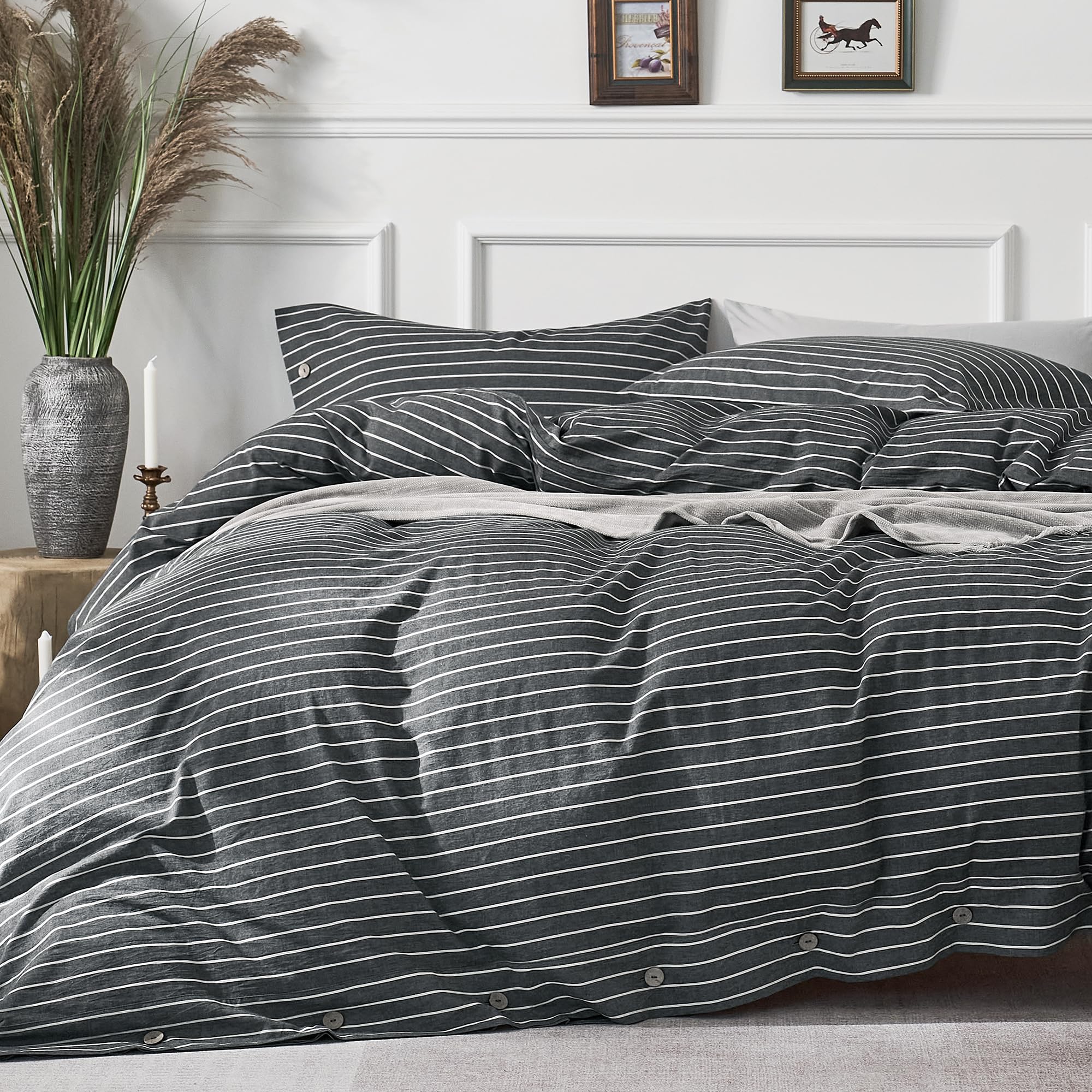 Photo 1 of JELLYMONI Cotton Duvet Cover King Size - Gray Pinstriped Comforter Cover with Button 100% Washed Cotton 3PCS Breathable Soft Solid Bedding Set Duvet Cover 104×90in & 2 Pillowcases (NO Comforter)