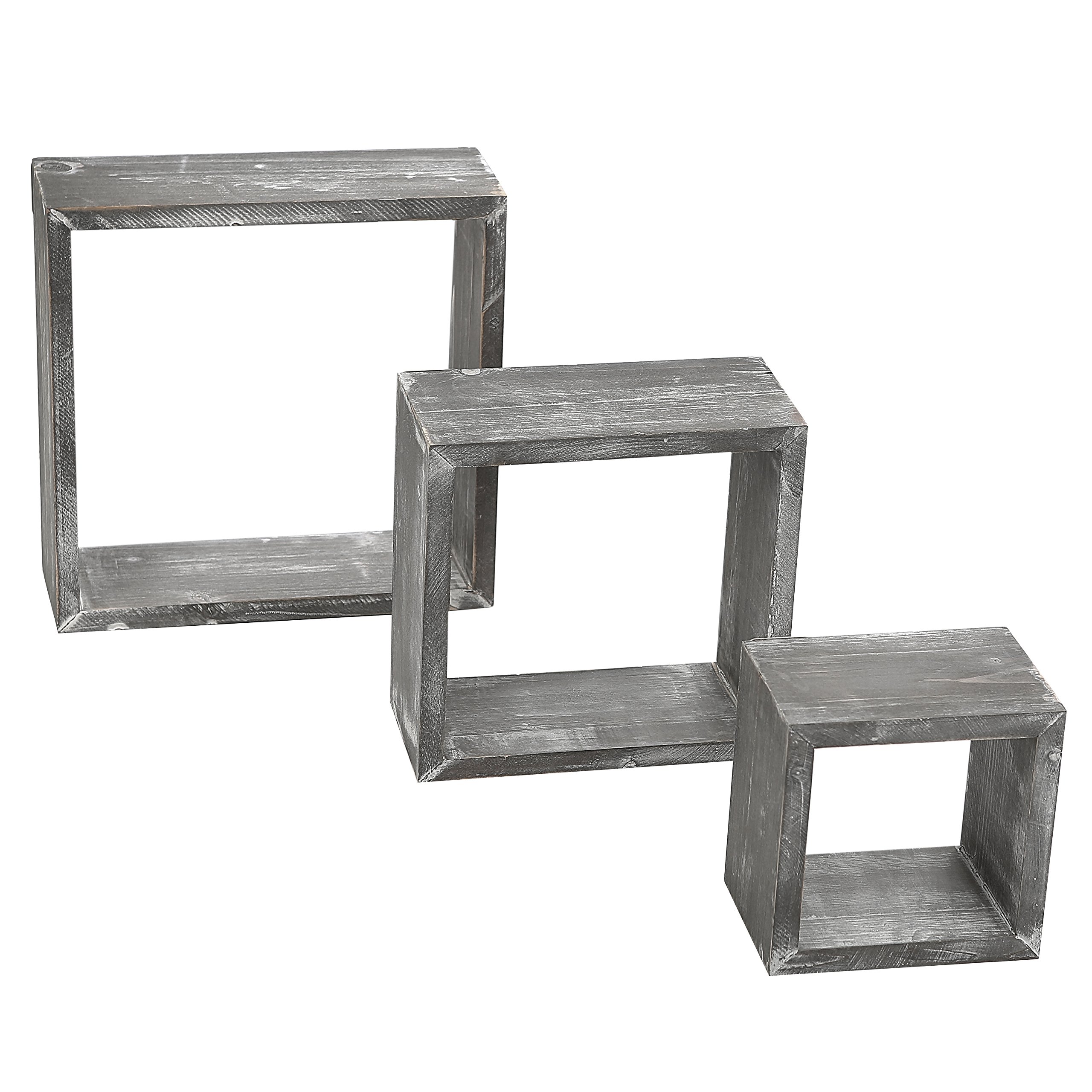 MyGift Barnwood Gray Wall Mounted Wood Shadow Boxes, Square Floating Display Shelves, Set of 3