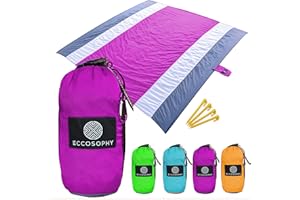 ECCOSOPHY Sandproof Beach Blanket - Oversized Sand Free Beach Mat 9'x10' - Lightweight Outdoor Picnic Blanket Anchored with 4 Corner Sand Pockets & Plastic Stakes - Heat Proof, Quick Drying & Compact