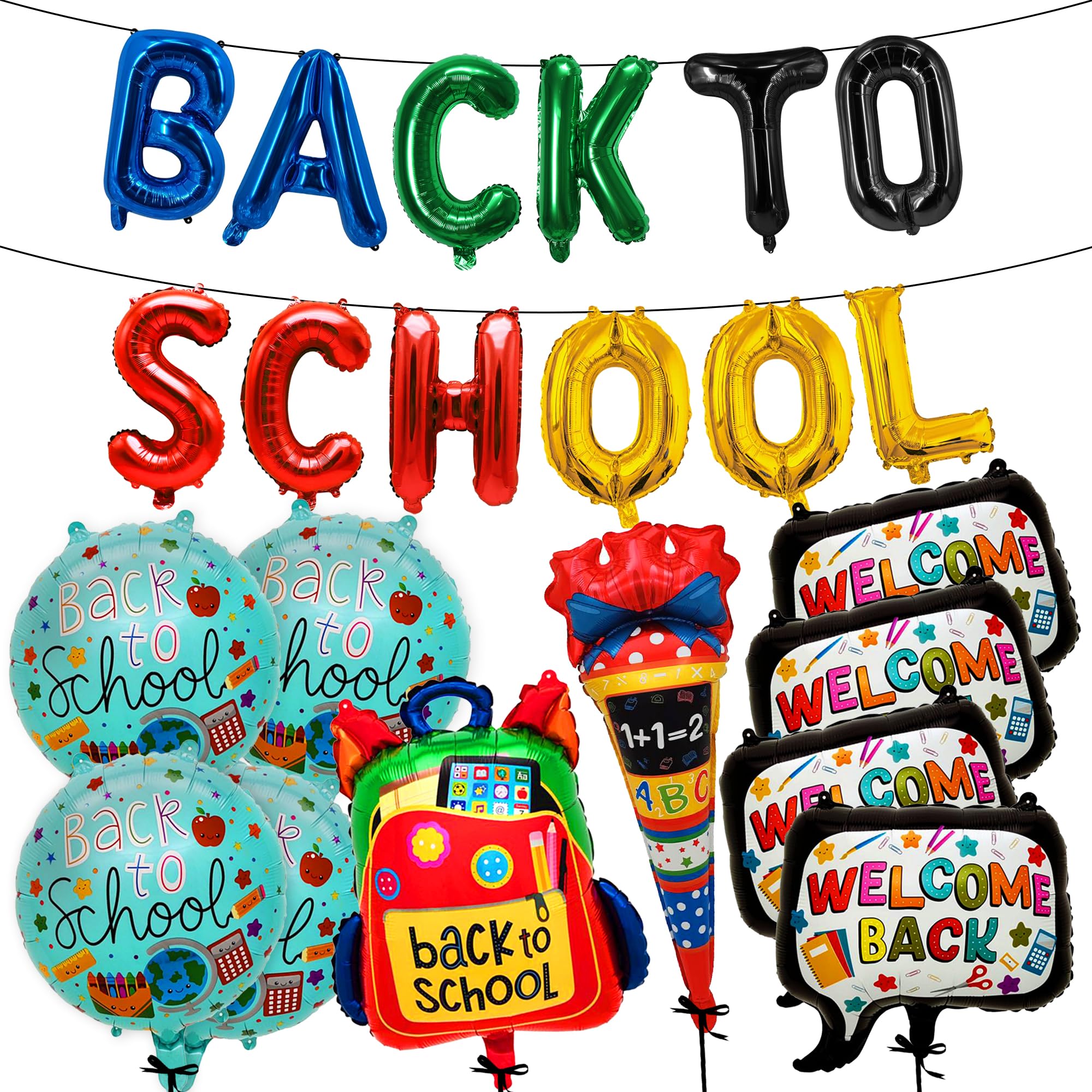 Photo 1 of Large, Back To School Balloons Set - Pack of 12 | Multicolor 16 Inch Letter Balloons | 4 Pieces Round, Script Box, Bag and Candy Balloon, Welcome Back To School Decorations for Classrooms, Home
