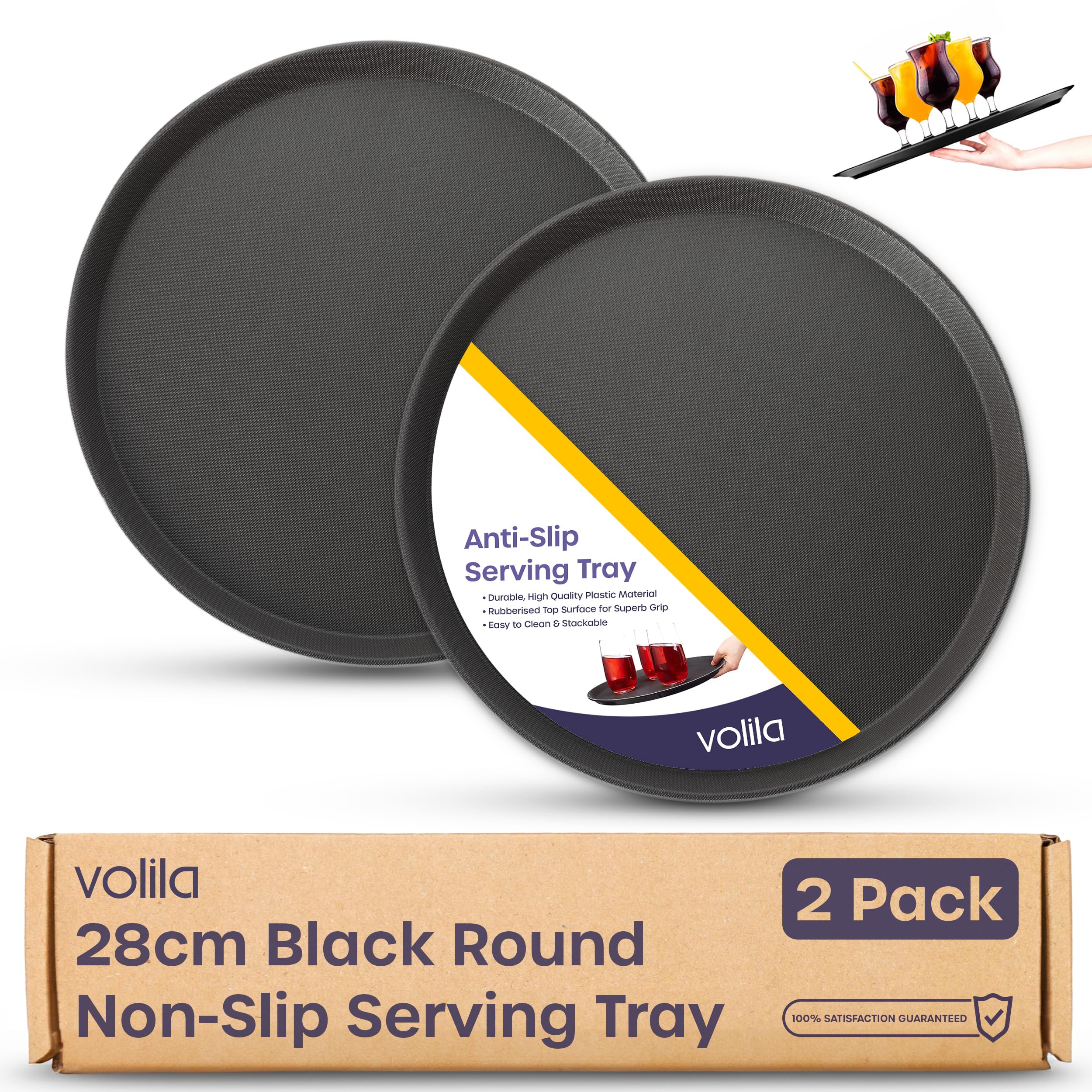 Black Round Tray - 28cm (2 Pack) Rubberized Round Trays for Food Serving and Drinks - Dishwasher Safe Non Slip Tray for Parties, Gatherings, Bars, Restaurants, and Home Use