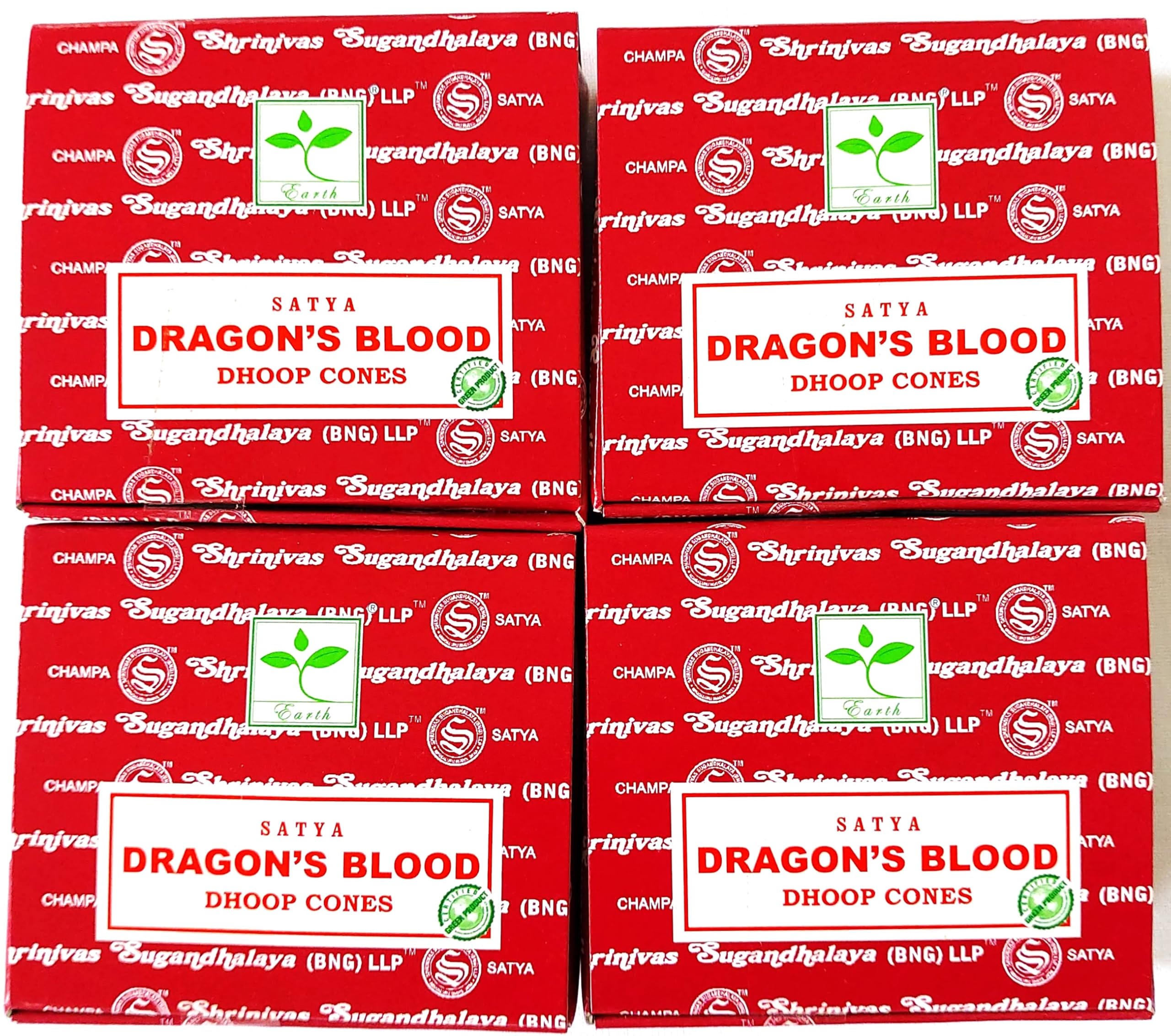 Satya Nag Champa Incense Cones, Dragons Blood Scent, 4 Packs of 12 Cones in each pack (4, Dragons Blood)