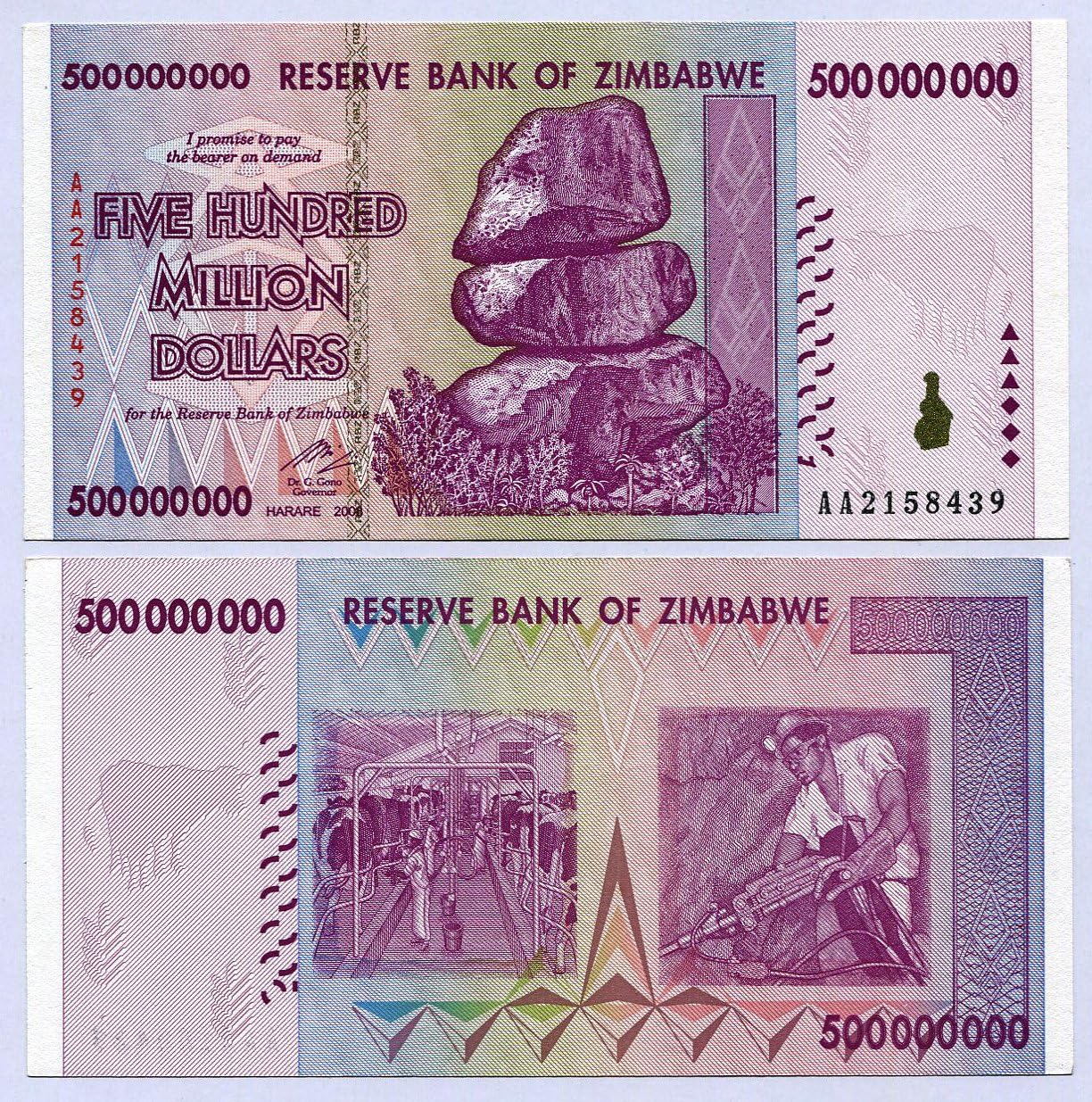 Zimbabwe 500 Million Dollars 2008 UNC, World inflation record, currency banknotes, Multicoloured, 75x150 mm