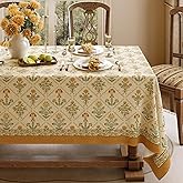 Livebee Floral Block Print Tablecloth Rectangular, Farmhouse Linen Orange Table Cloth Heavy Weight Washable Table Cover for Spring Dining Party, 55x71''