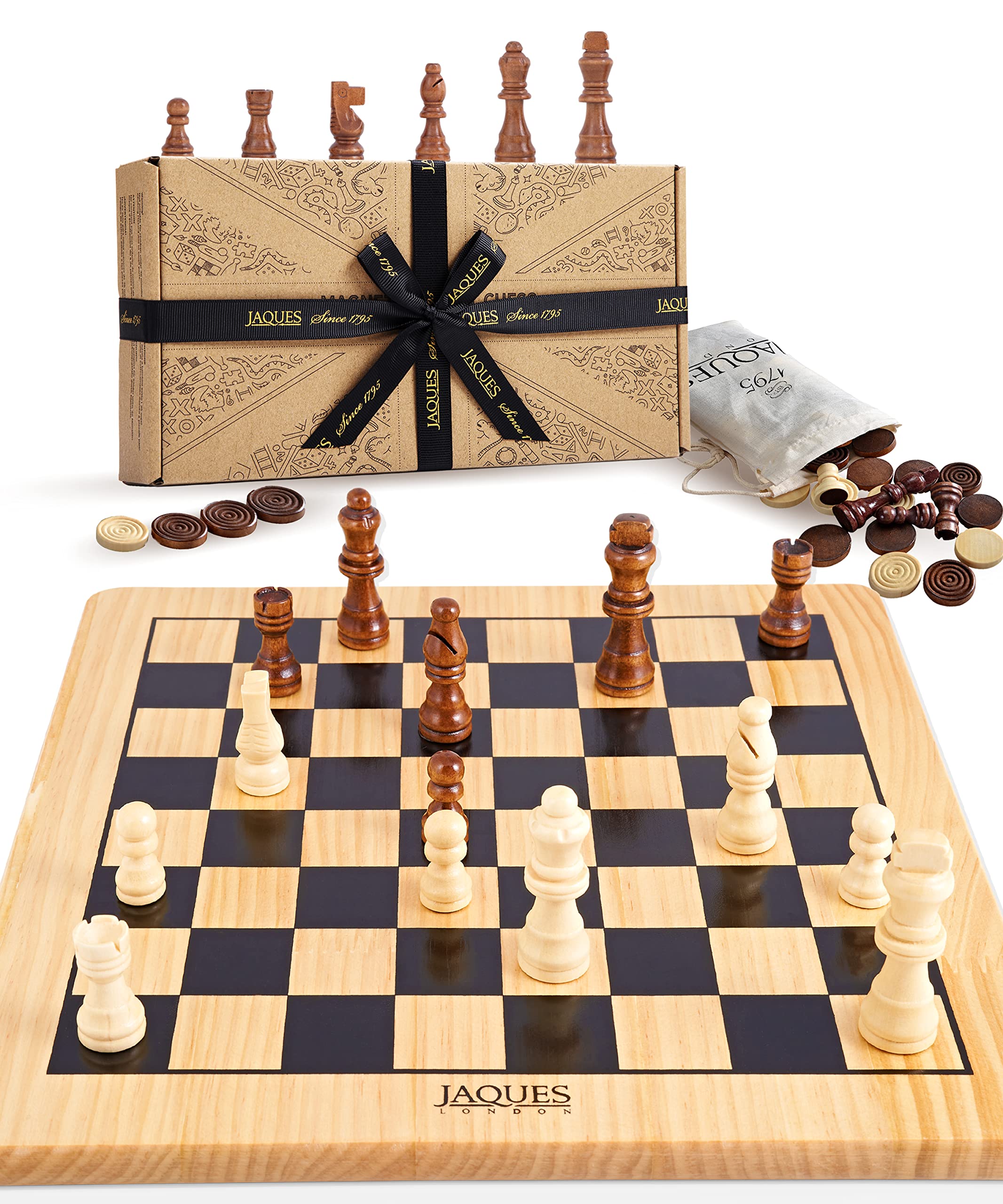 Jaques of London Chess & Draughts Board Game | Luxury Wooden Chess and Draughts Set for Kids
