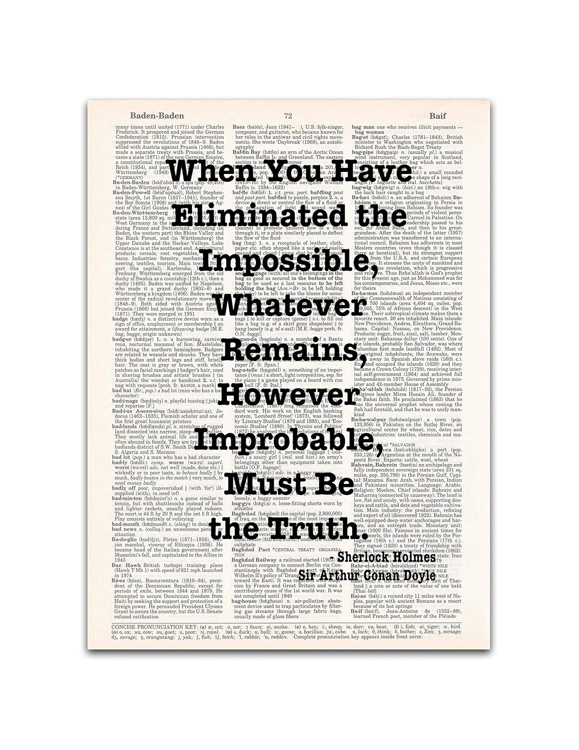 Eliminated the Impossible, Sherlock Holmes Quote, Sir Arthur Conan Doyle, Dictionary Page Art Print, 8x11 inches, Unframed