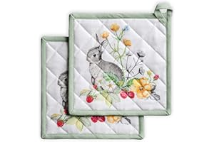 Maison d' Hermine Pot Holder 100% Cotton Easter Heat Resistant Hot Pads with Loop Set of 2 Potholder for Grilling Microwave Barbeque, Handling Hot Pans, Printemps - Spring/Summer (8 Inch x 8 Inch)
