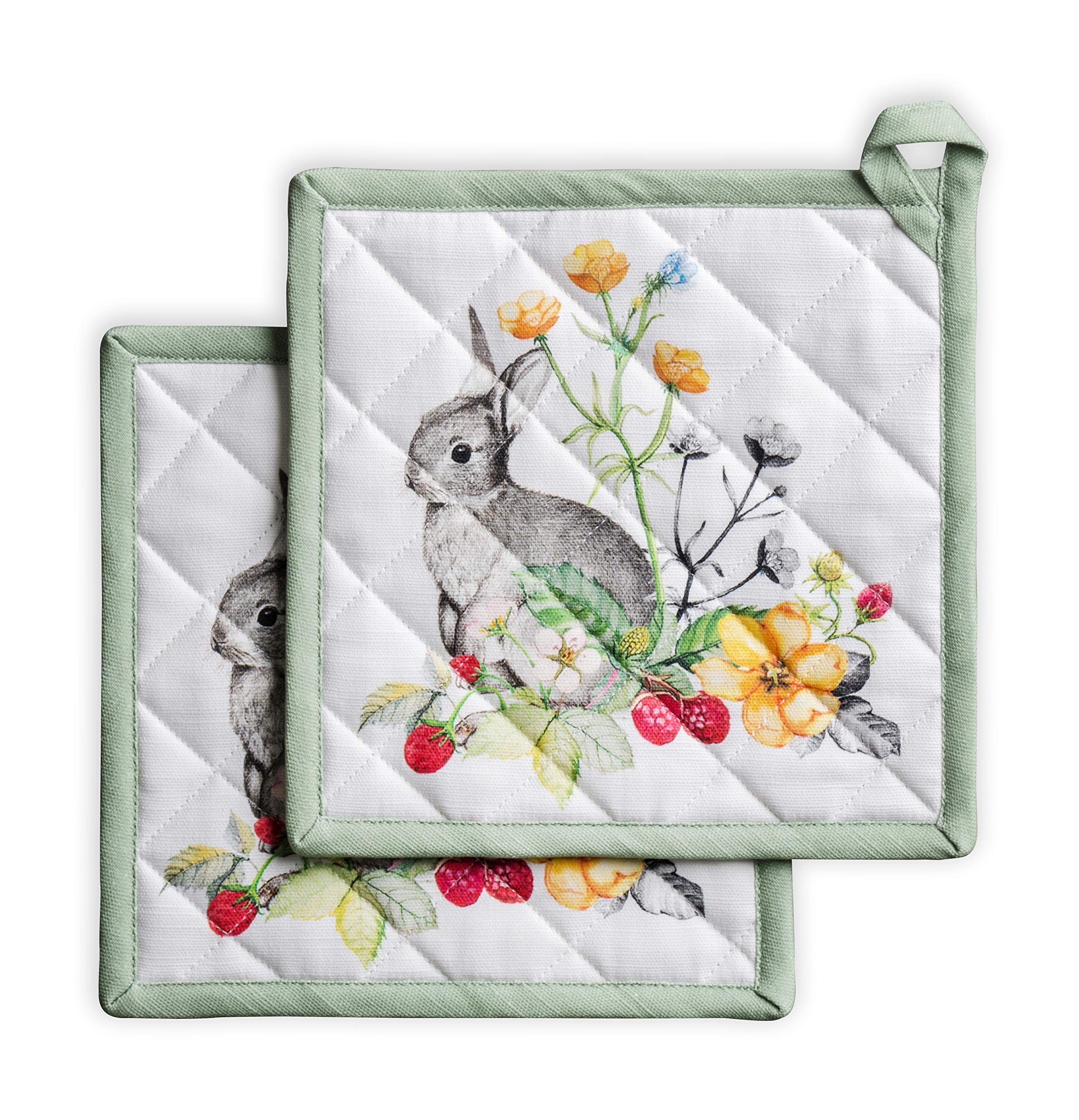 Maison d' Hermine Pot Holders Set 100% Cotton Heat Resistant Potholders 20 cm x 20 cm Hot Pads with Loop for BBQ Cooking Baking Handling Hot Pans Gifts for Mothers Day (Pack of 2, Printemps)