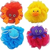 Bleu Bath (4 Pack) Lovely Animal Design Kids Exfoliating Bath Scrubber Body Scrubber Shower Ball for Baby Toddler Kids Gentle Exfoliating Bath Sponge Loofah Pouf in Colorful Design