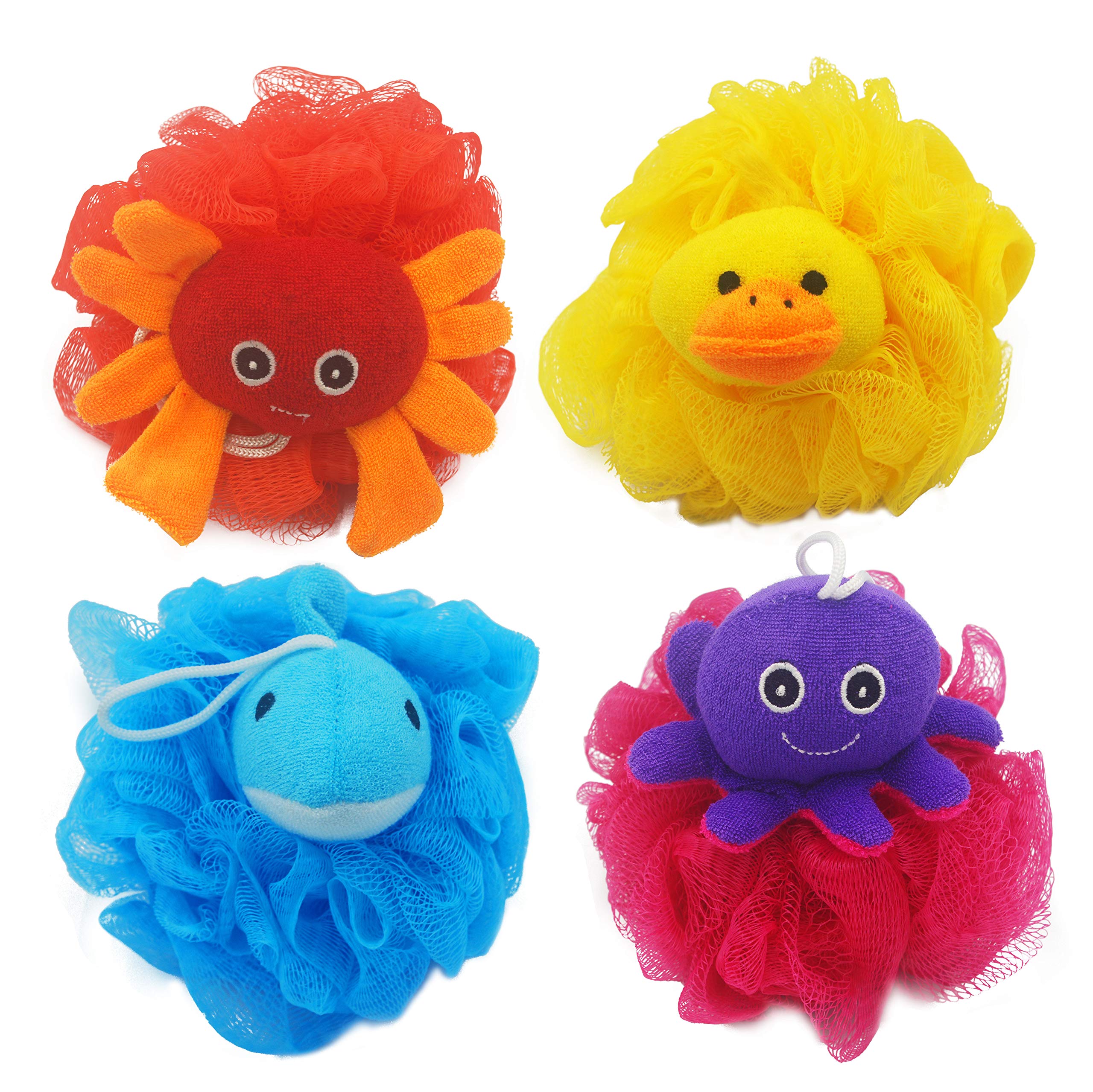 Photo 1 of Bleu Bath (4 Pack) Lovely Animal Design Kids Exfoliating Bath Scrubber Body Scrubber Shower Ball for Baby Toddler Kids Gentle Exfoliating Bath Sponge Loofah Pouf in Colorful Design