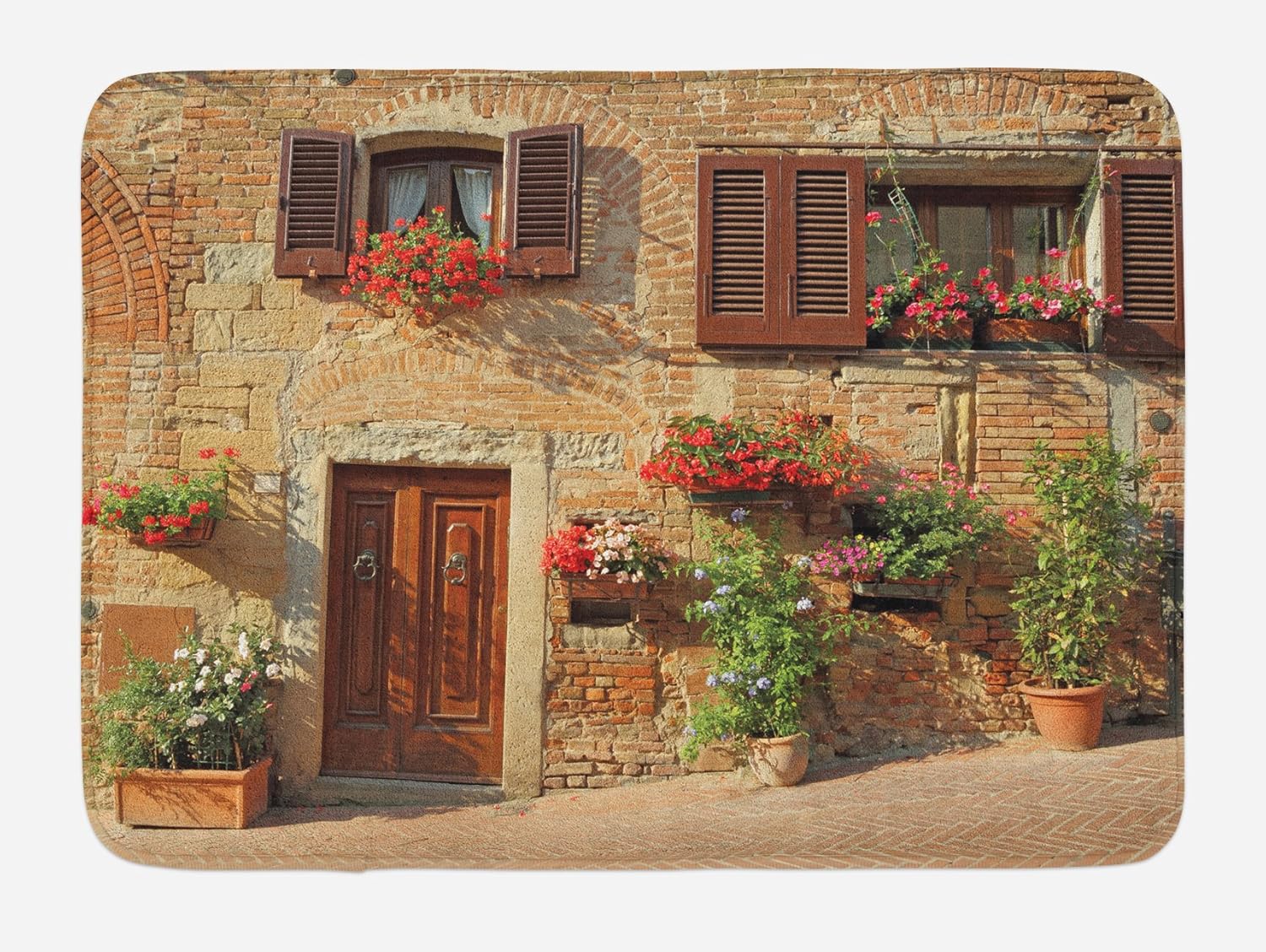 Amazon Com Lunarable Tuscan Bath Mat Picturesque Lane With Mediterranean Architecture Flowers Italian Town Plush Bathroom Decor Mat With Non Slip Backing 29 5 X 17 5 Pale Brown Kitchen Dining