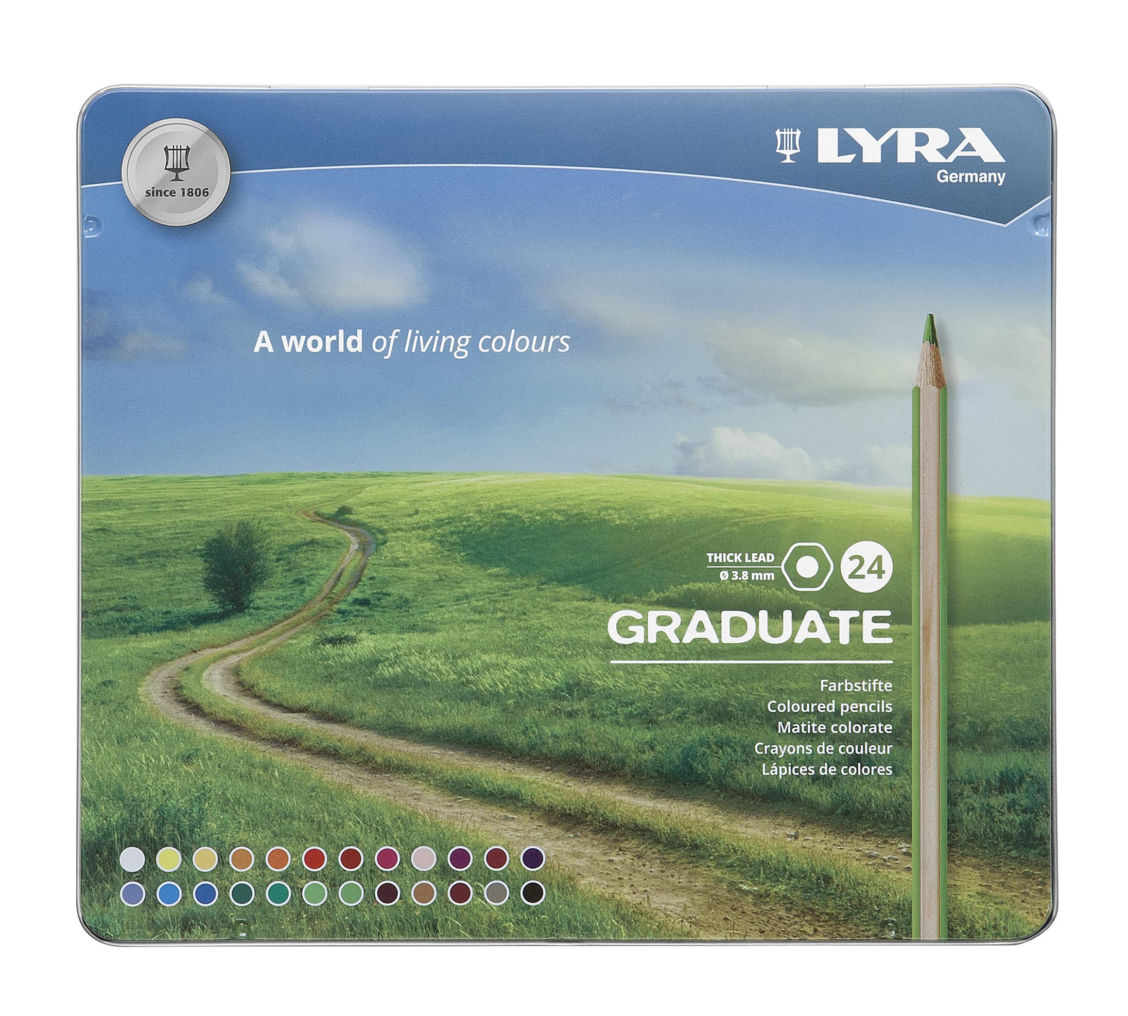 LYRA Graduate Colouring Pencils, 3.8mm Thick Lead, 24 Assorted Colours, Technical & Artistic Drawing, Tin Box, For Student Artists & Schools