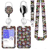 Halloween Sugar Skull Cat Badge Holder with Retractable Reel Clip,Day of the Dead Lanyards for Id Badges,Plastic Case with Carabiner Clip Vertical ID Card Protector for Women Student Office Gifts