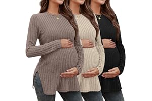 Sweetyweee 3 Pack Women's Maternity Shirts, Ribbed Long Sleeve Pregnancy Sweaters Knit Split Side Crew Neck Tunic Tees Tops