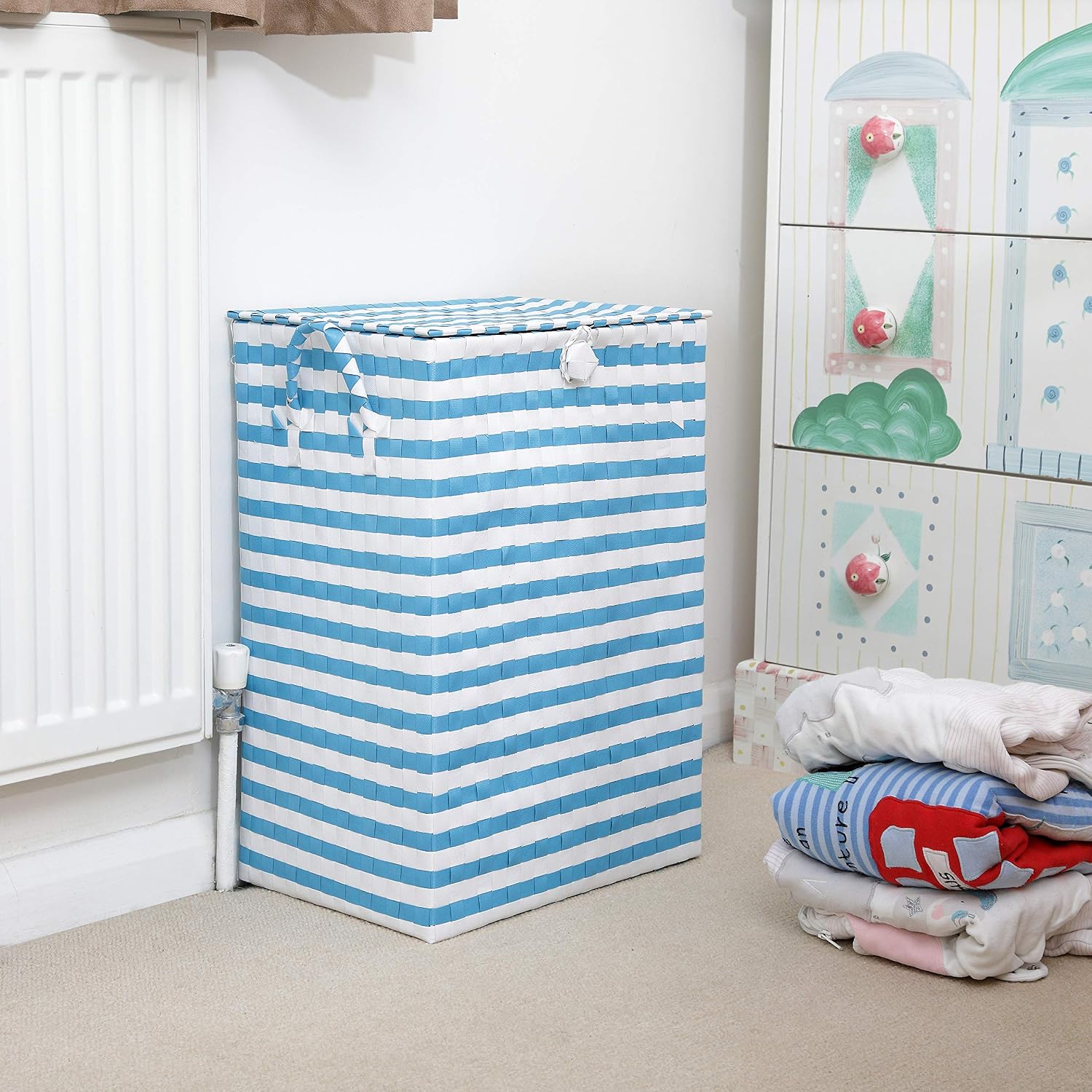 ARPAN Blue & White Laundry Basket with Lid, 44L Washing Basket, Polypropylene Laundry Bin Hamper with Handles - Image 4