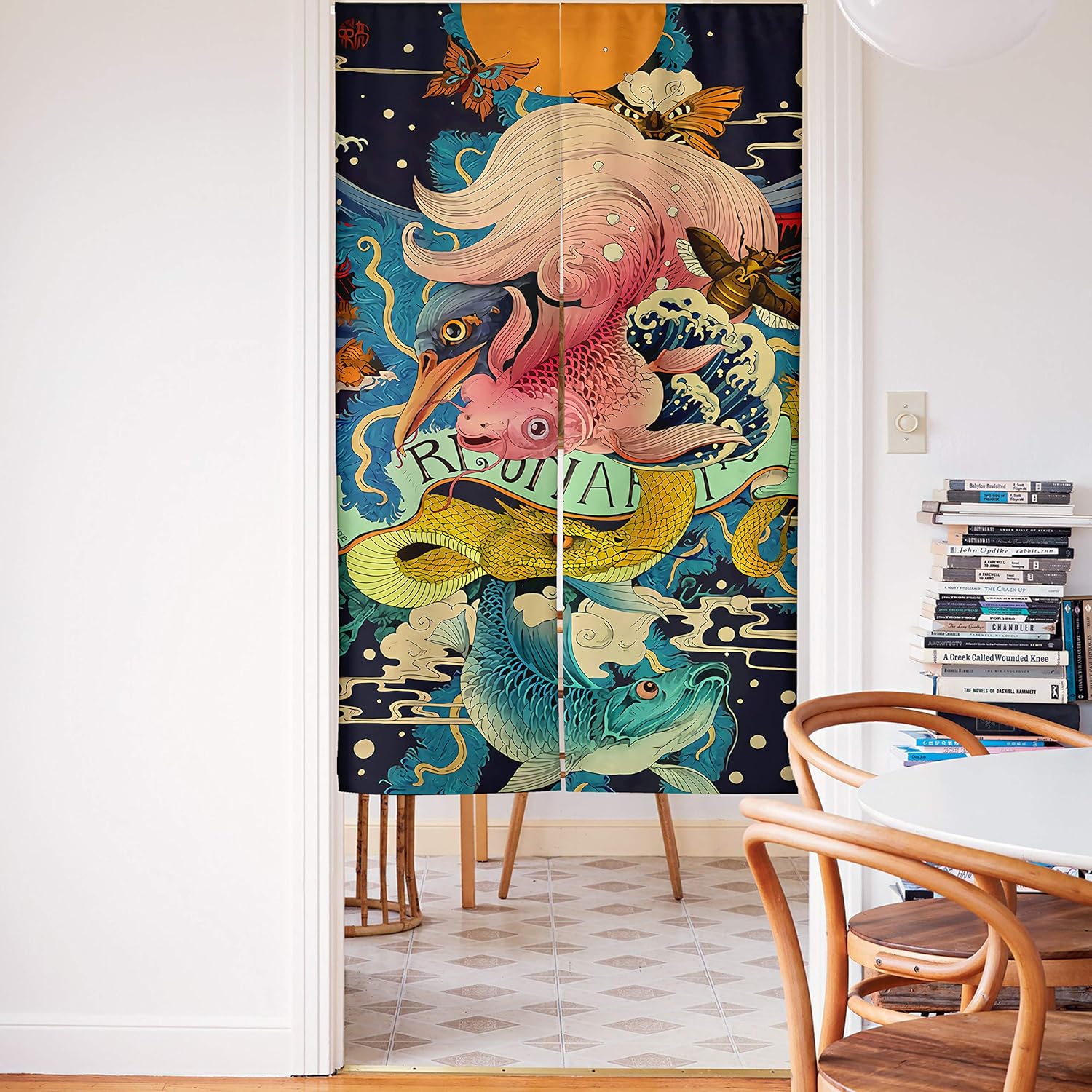 Spanker Ukiyoe Colorful Japanese Mythical Creatures Aesthetic Japanese Noren Doorway Curtain Fabric Cotton Linen for Home Kitchen Door Decor 34x59 Inches