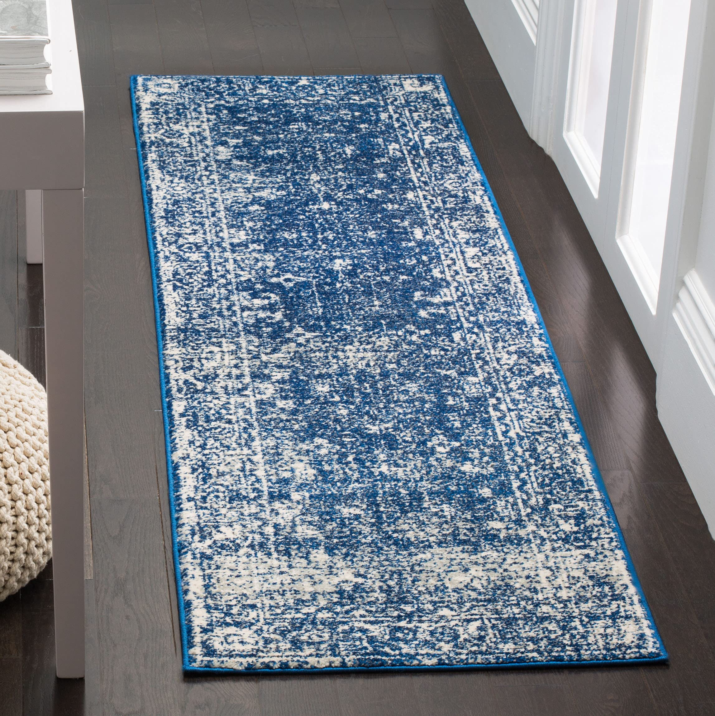 SAFAVIEH Evoke Collection 2'2" x 21' Navy/Ivory EVK270A Shabby Chic Distressed Non-Shedding Living Room Bedroom Runner Rug Image