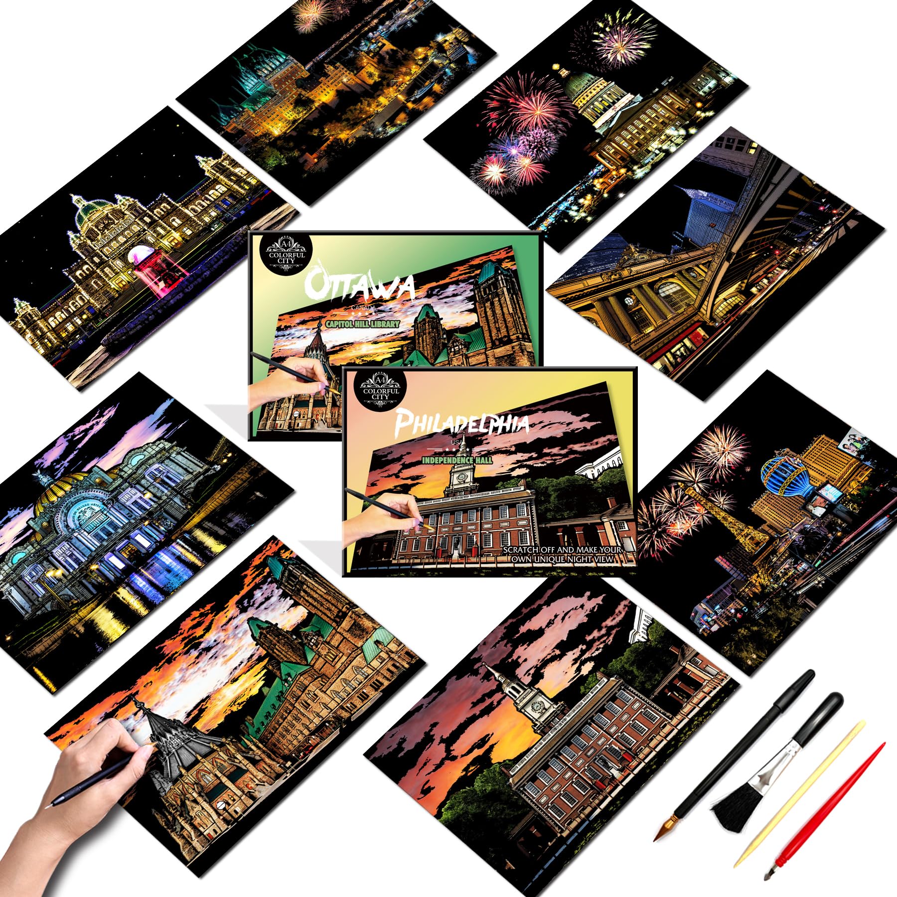 SiYear Scratch Art Painting Paper Set for Adults,Landmark Building City Series Night Scene,Scratchboard Creative Gift DIY Foil Engraving Crafts with 4 Tools (American Series-8Pack)