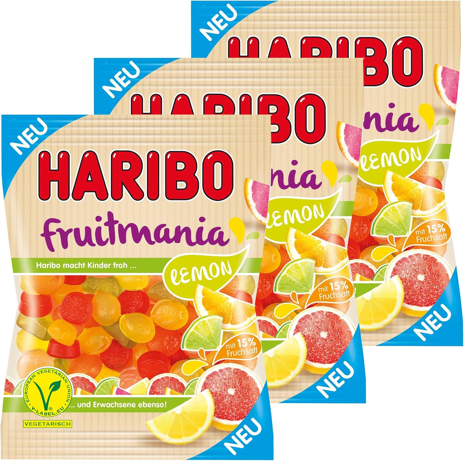 HARIBO fruitmania Lemon, Lot de 3, avec jus de Fruit, Caoutchouc