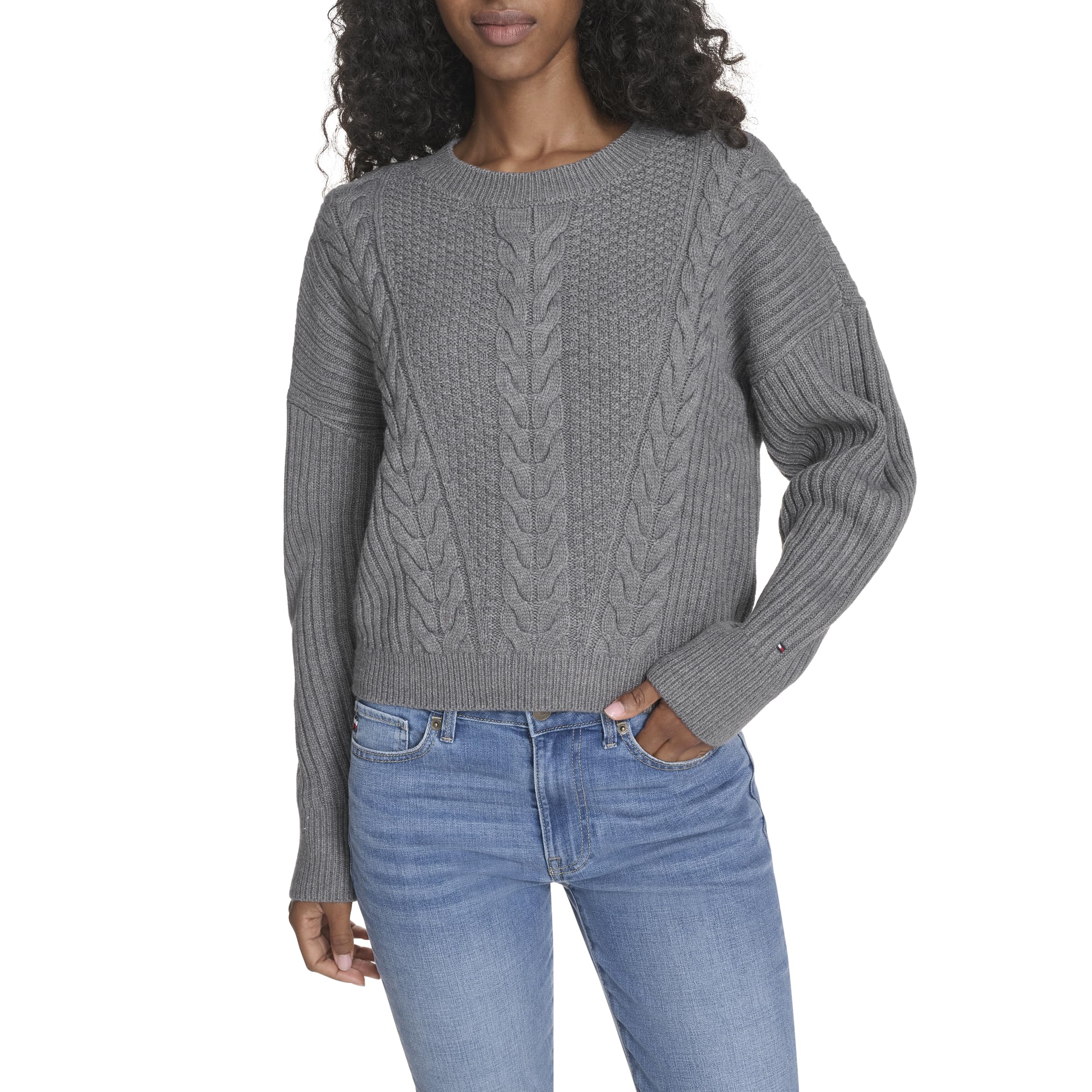 Tommy Hilfiger Women’s Sportswear Cable Crewneck Sweater, Fog Heather Grey, Small