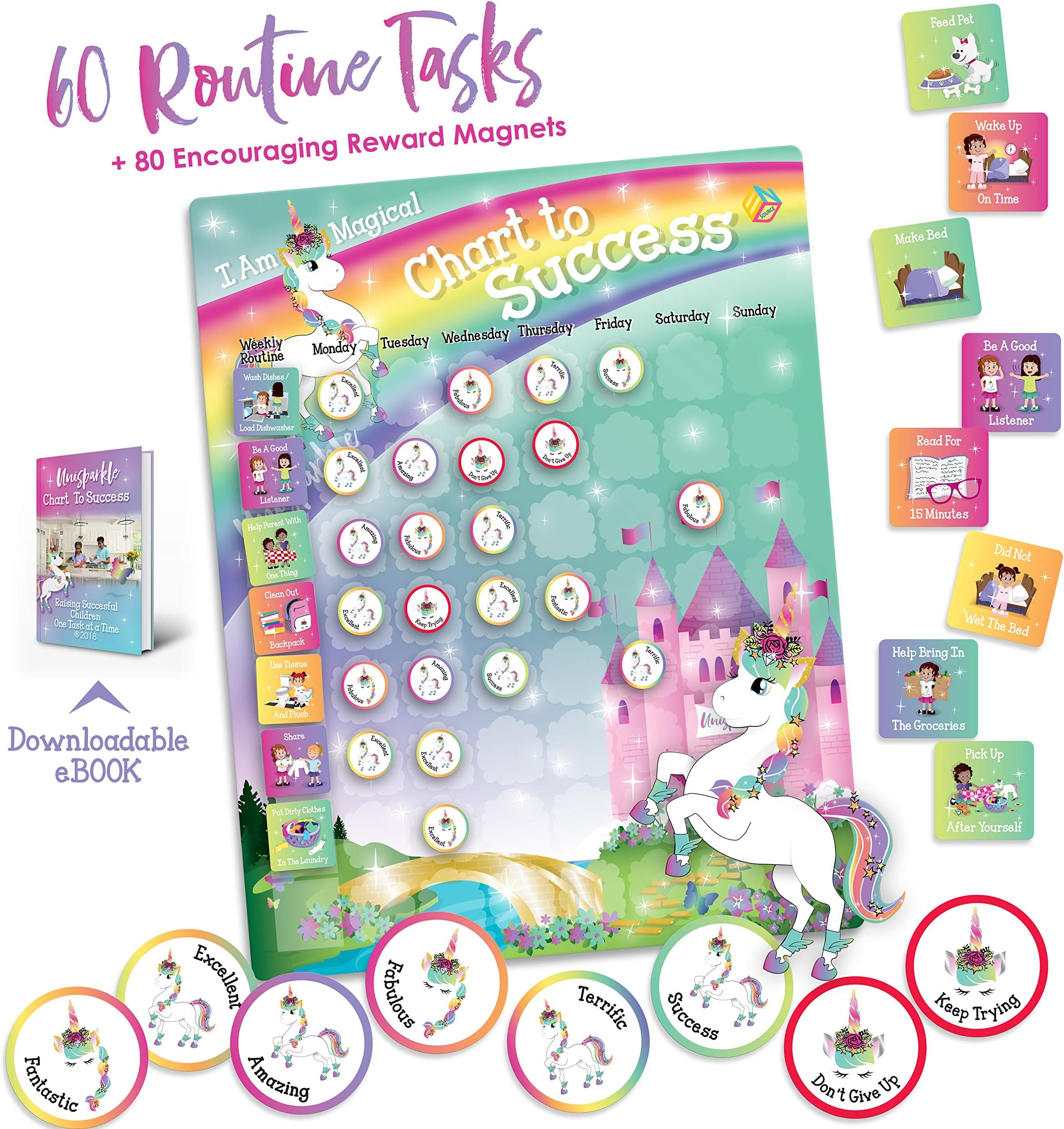 Unicorn Chart to Success| Magnetic Dry Erase| Daily Routine Responsibility Chore Chart for Kids| 80 Reward Tiles| 60 Tasks, Including Behavior and Self-Care| Fun Design for Girls| Raising a Star