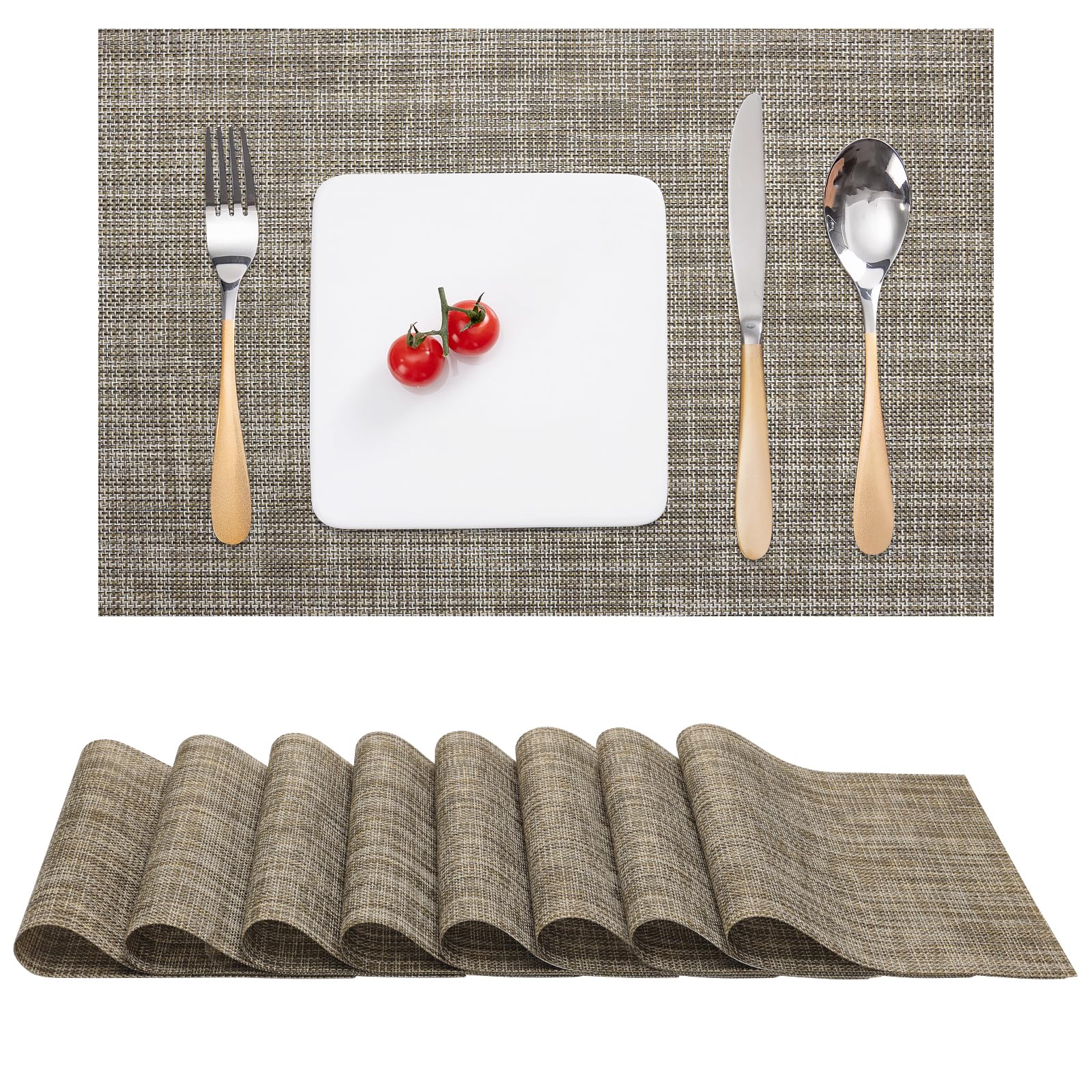 Myir JUN Table Mats Set of 8, Place Mats Table Placemats Washable Non-slip Heat Insulation Woven Vinyl for Kitchen Dinning Restaurant 17"X12" (Caramel)
