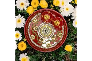 LOVENSPIRE Rhinestone Pooja Aarti Thali with Bowls Meenakari Work Red Painted Handmade Stylish Platter Haldi Kumkum Thali Ganesh Pooja Teej Diwali Pooja Thali Housewarming Gift