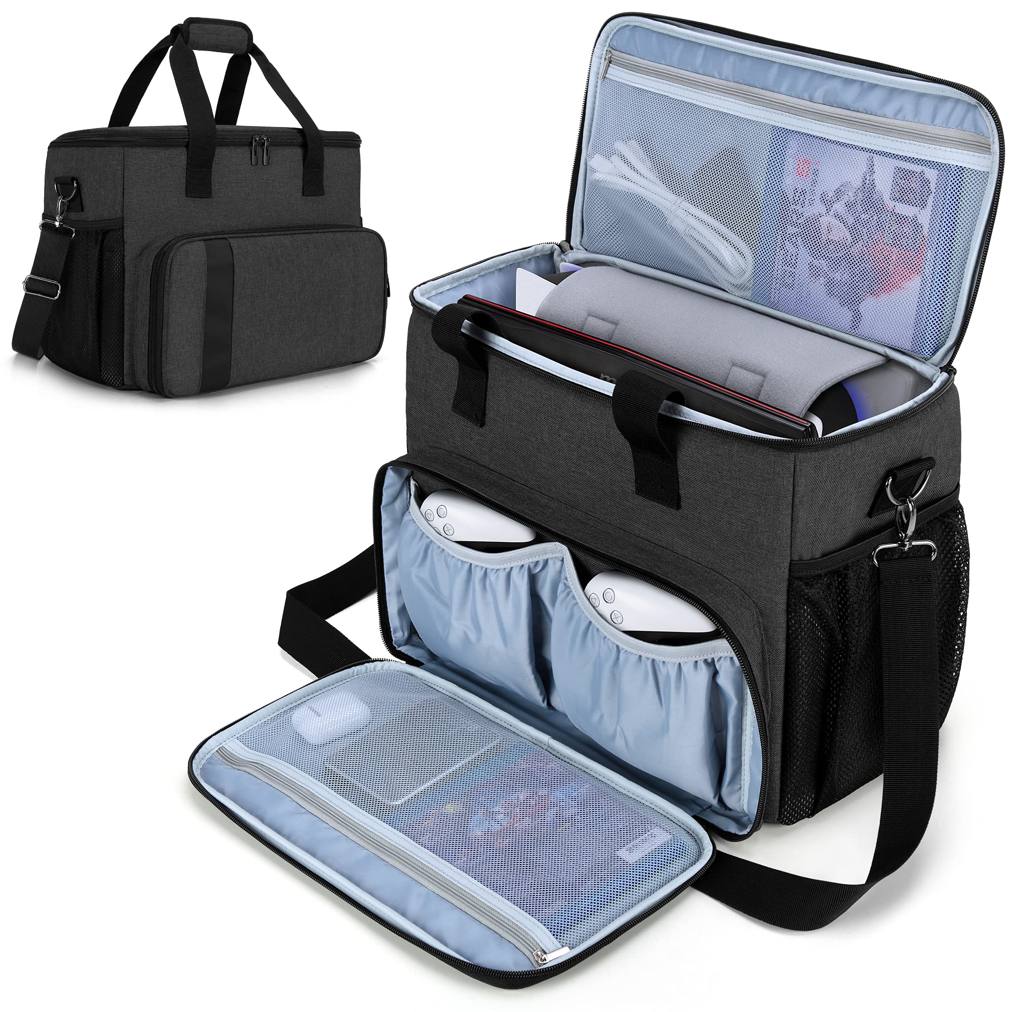 CURMIO Tragetasche für PS5, PS4, PS4 Pro, Xbox Series S, Xbox One and Xbox 360, Tragebare Aufbewahrungstasche für PlayStation Konsole, PS5 Reisetasche für Controller, Kabel (Leere Tasche), Schwarz