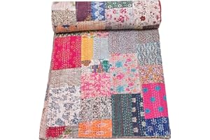 Marubhumi Quilts Handmade Traditional Pure Cotton Paisley Print Kantha Quilt, Paisley Printed Bed Cover Reversible, Comforter, Mehandi - Multicolor(1) - 108 x 108 Inches
