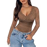 SAUNGKUAI Women's V Neck Lace Bodysuit Long Sleeve Bodysuits Double Lined Going Out Tops Y2K Trendy Thong Outfits
