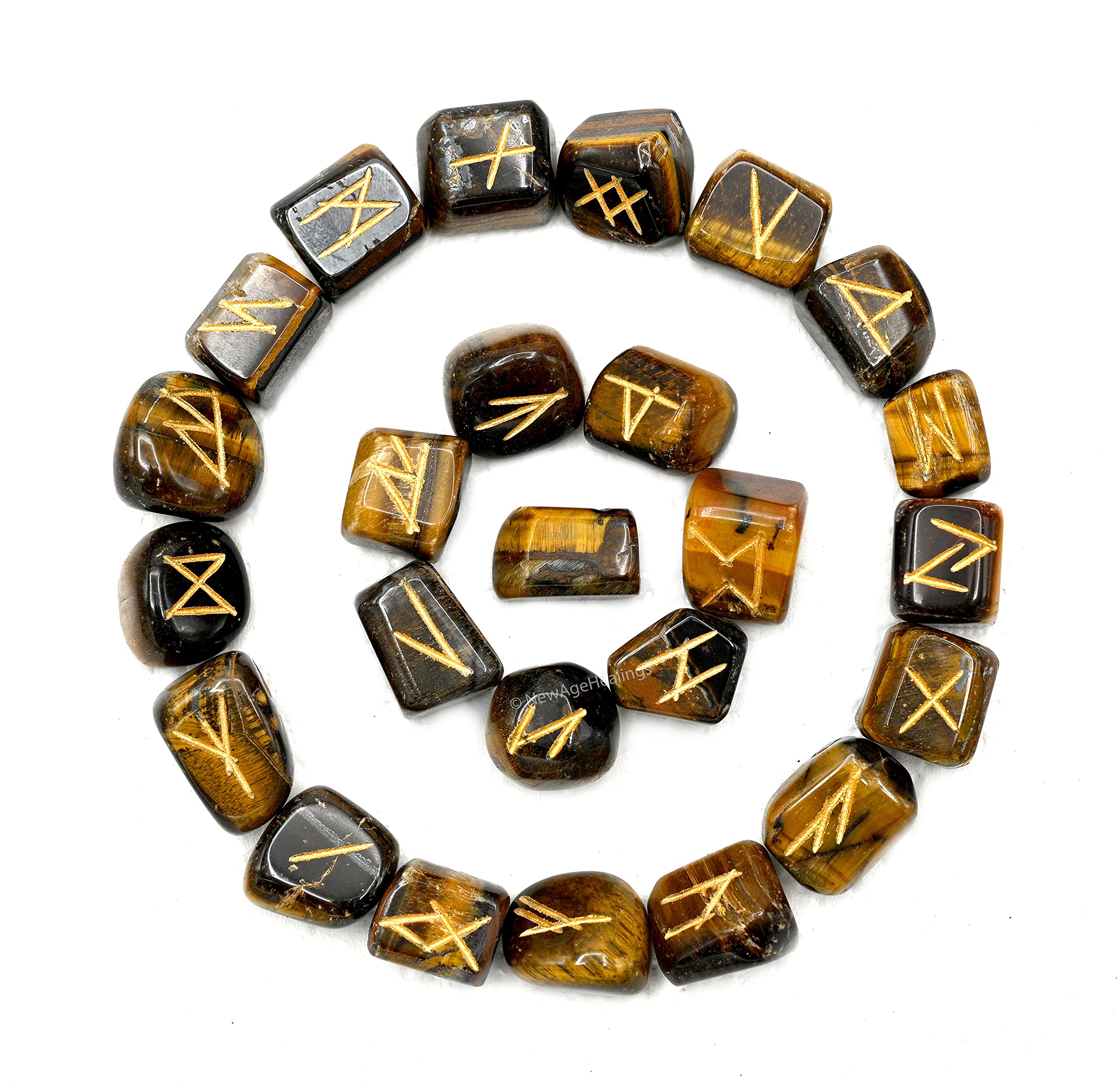 Tiger Eye Runes Stone Set with Velvet Pouch and Instruction EBook ~ Elder Futhark Runes Engraved Pagan Viking Symbols for Reiki Healing, Crystal Grid & Energy Balancing