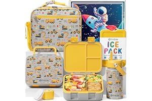 Fimibuke Bento Lunch Box for Kids - Toddler Snack Bento Box Container with 3 Compartments, Stainless Steel Water Bottle, Insulated Lunch Bag, Ice Pack Set for Ages 3-12 Girl Boy Daycare Back to School