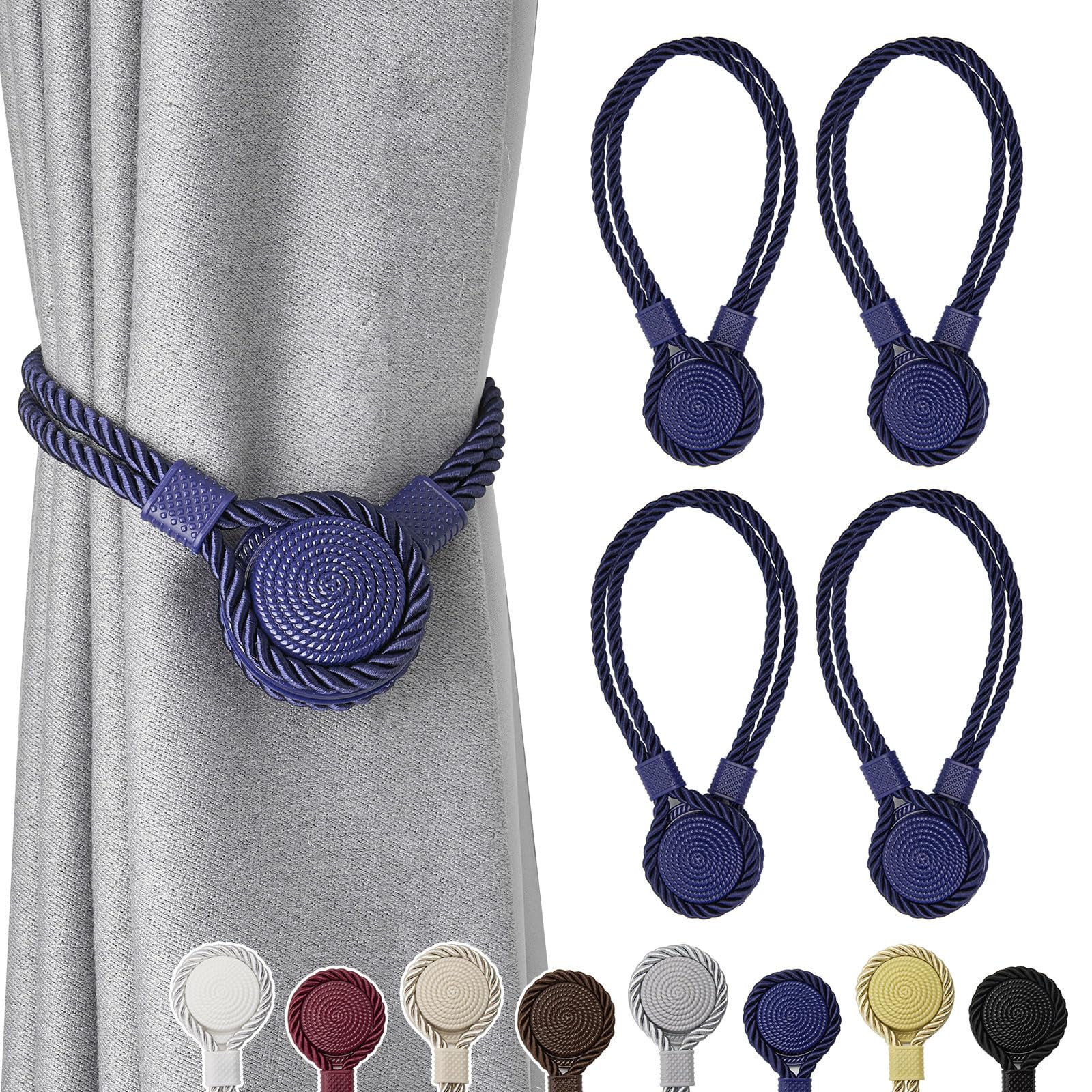 Pretty Jolly 4 Pack Strong Magnetic Curtain Tiebacks Unique Medal shape Decorative Drape Tie Backs Elegant Hand-Woven Rope Curtain Holdbacks for Home & Office Draperies Decor (Dark Blue)