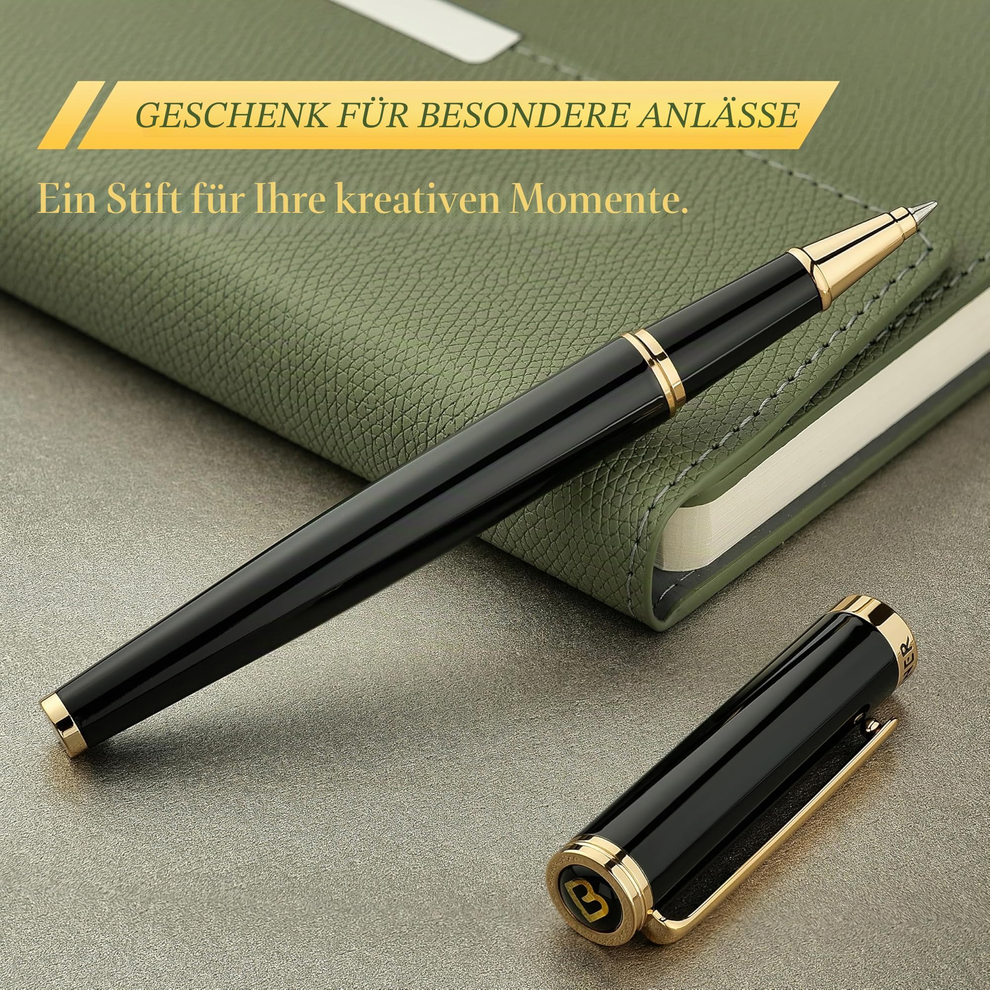BEILUNER Hochwertiger Tintenroller mit Echtvergoldung - Professioneller Kugelschreiber mit schwarzer Schneider 850 Mine - Geschenkbox - Luxus Schreibgerät für Business & Geschenkanlässe(Schwarz) 8