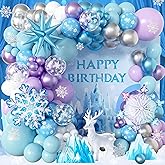 103pcs Winter Wonderland Balloon Garland Arch Kit with Giant 3D Ice Crystal Star & Gradient Snowflake Foils, 18/12/10/5 Inch Metallic Blue Purple Silver Printed Latex for Girls Ice Princess Birthday